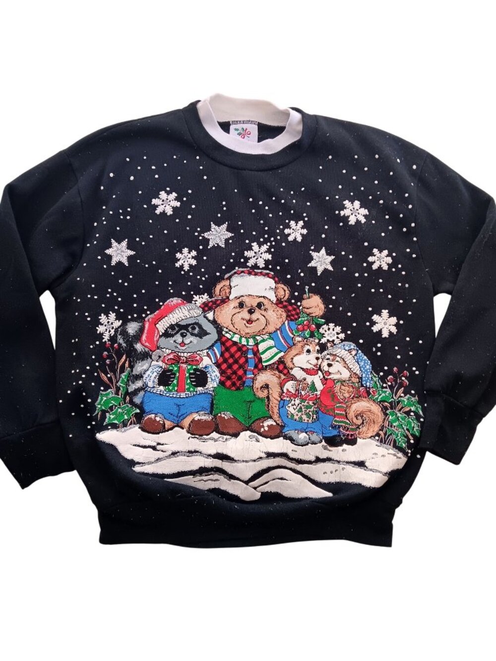 Vintage Small Christmas Sweatshirt Crewneck Animal Puff Print Snowflakes Granny